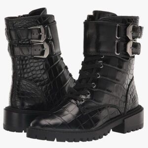 Vince Camuto Fawdry Black Croc Combat Boots Size 5.5 Lug Sole Leather Grunge‎